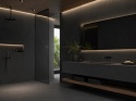Elegancka łazienka z okładziną Techlam Basalt Black Mat, ciemny matowy spiek i ciepłe oświetlenie.