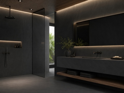 Elegancka łazienka z okładziną Techlam Basalt Black Mat, ciemny matowy spiek i ciepłe oświetlenie.