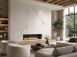 Nowoczesny salon z kominkiem obudowanym Techlam Calacatta White Mat, jasny spiek z eleganckim użyleniem.