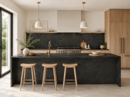 Jasna kuchnia z wyspą Techlam Cosmopolitan Black Mat, ciemny spiek z brązowym użyleniem i drewnem.