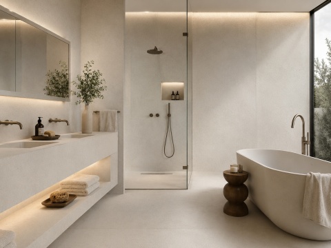 Łazienka spa z jasnobeżowym spiekiem Techlam Limestone na ścianach, podłodze i zabudowie umywalki.