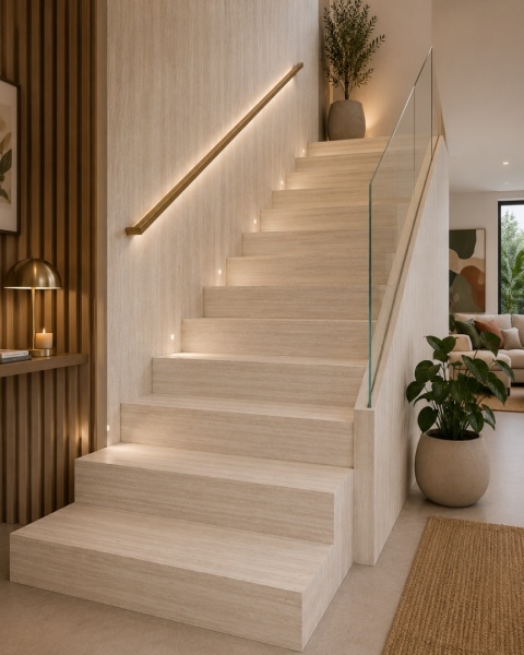 Schody z jasnym spiekiem Techlam Travertino Pearl, szklaną balustradą, złotą poręczą, drewnem i ciepłym oświetleniem.