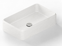 Umywalka Silestone Integrity Evita S Ethereal Glow Poler w jasnym kolorze z delikatnym użyleniem