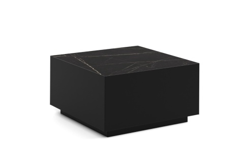 Kwadratowy stolik kawowy Quarza z jasnym korpusem i blatem laminowanym w dekorze san simon