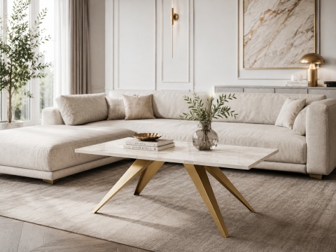 Stolik Lucea z blatem Marble Bianco i złotym stelażem w eleganckim salonie