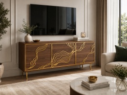 Komoda Patina 3D w kolorze orzech włoski ze złotymi ornamentami i złotym stelażem w salonie