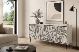 Komoda Tornio 3D w salonie, kaszmirowy korpus, czarne ornamenty na frontach i czarny stelaż
