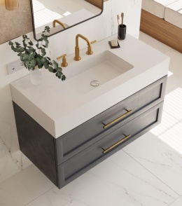 Umywalka Evita S z blatem Silestone Blanco Zeus w nowoczesnej łazience z szarą szafką