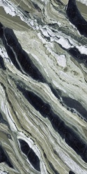 Jade Green Bookmatch Pulido 12 mm – zielono-oliwkowy dekor kamienny z czarnymi akcentami i lustrzanym układem wzoru.