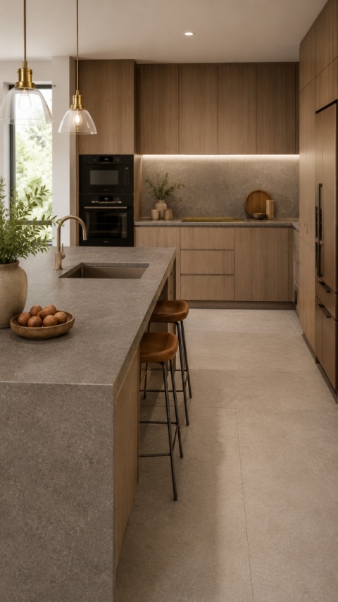 Nowoczesna kuchnia z blatem i wyspą z Grespania Porfido Brown Natural 20 mm oraz drewnianą zabudową.