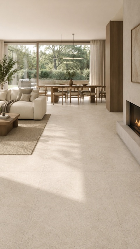 Jasny salon z jadalnią i podłogą Grespania Porfido Sand Natural 10,5 mm w ciepłej aranżacji.