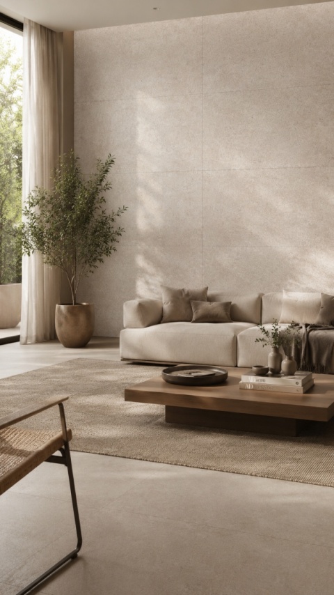 Przytulny salon ze ścianą wykończoną Grespania Porfido Sand Natural 10,5 mm i jasną sofą.