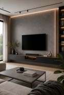 Nowoczesny salon ze ścianą RTV wykończoną Grespania Porfido Graphite i podświetleniem LED.