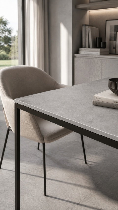 Nowoczesne wnętrze z akcentem ze spieku Porfido Graphite w eleganckiej, minimalistycznej aranżacji.