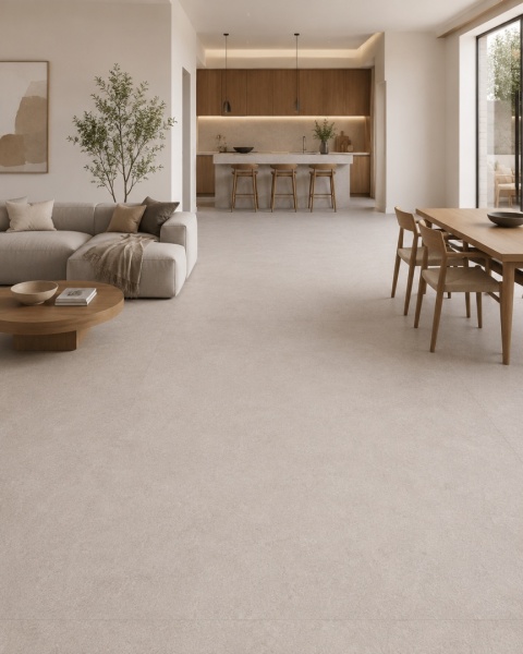 Salon z jadalnią i podłogą Grespania Porfido Taupe Natural 10,5 mm w ciepłych, neutralnych tonach.