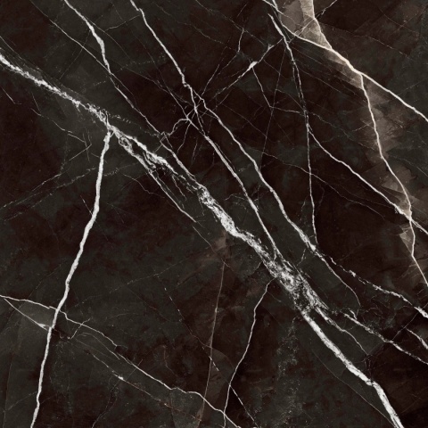 Marazzi Calacatta Black z niemal czarną bazą, kontrastowym białym użyleniem i połyskiem Lux