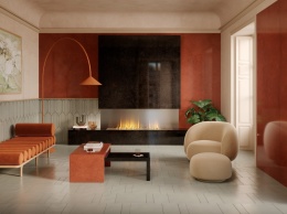 Marazzi Lume Magma Lux na dekoracyjnych ścianach eleganckiego salonu z kominkiem, jasnymi meblami i terakotowymi dodatkami