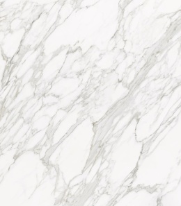 Neolith Calacatta Royale spiek kwarcowy  o śnieżnobiałym tle i złożonym, szaro-beżowym użyleniu z nutą złamanej bieli. 