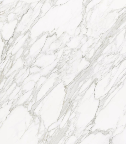 Neolith Calacatta Royale spiek kwarcowy  o śnieżnobiałym tle i złożonym, szaro-beżowym użyleniu z nutą złamanej bieli. 