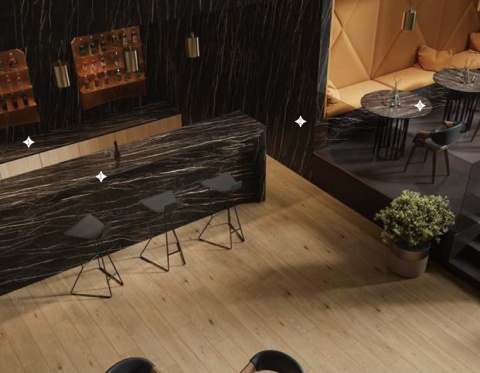 Restauracja- okładzina ścienna, wspa, Blaty stołów wykonanay ze  TRI-D PLEASURE BROWN Soft to brązowy spiek kwarcowy