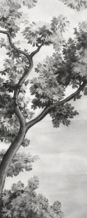 Marazzi Resin Look Grisaille Silky B z jasnym tłem oraz malarską kompozycją liści i gałęzi w odcieniach szarości