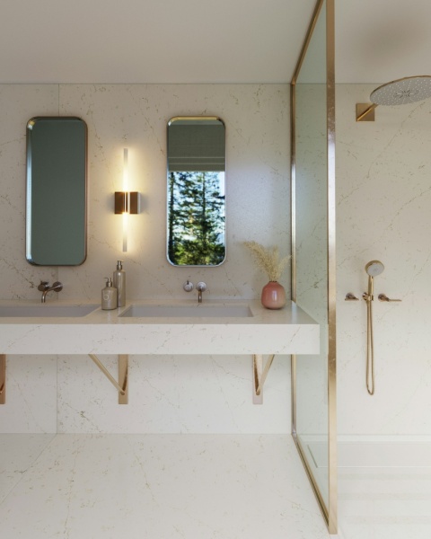 Silestone Persian White to kremowo-biały spiek kwarcowy z delikatnym żyłkowaniem. Wykończenie ścian, podłóg oraz półek w łazięce