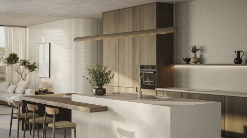 Nowoczesna kuchnia z wyspą i okładziną TechniStone Emperador Beige
