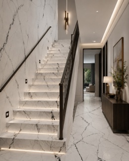 chody wykończone FLORIM Stone Marble Breach White, biały spiek z mocnym czarnym użyleniem.