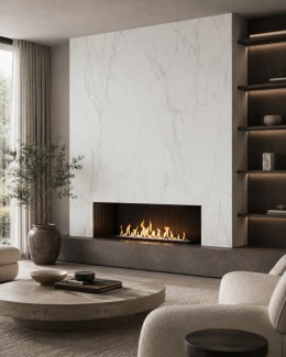 Salon z kominkiem i efektowną ścianą ze spieku FLORIM Marble Calacatta w jasnym wnętrzu.