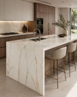 Kuchnia z wyspą i blatem z FLORIM Stone Marble Calacatta Gold 20 mm, jasny spiek ze złoto-szarym użyleniem.