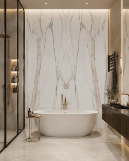 Łazienka z FLORIM Stone Marble Calacatta Gold 6 mm w układzie bookmatch na ścianie za wanną.