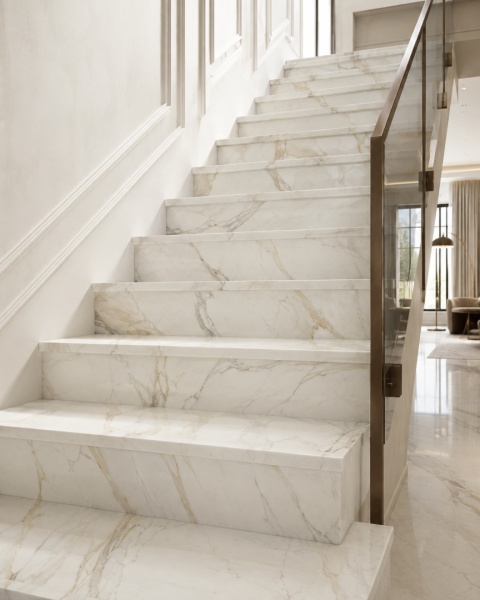 Schody wykończone FLORIM Stone Marble Calacatta Gold 20 mm, jasny spiek ze złotawym i szarym użyleniem.