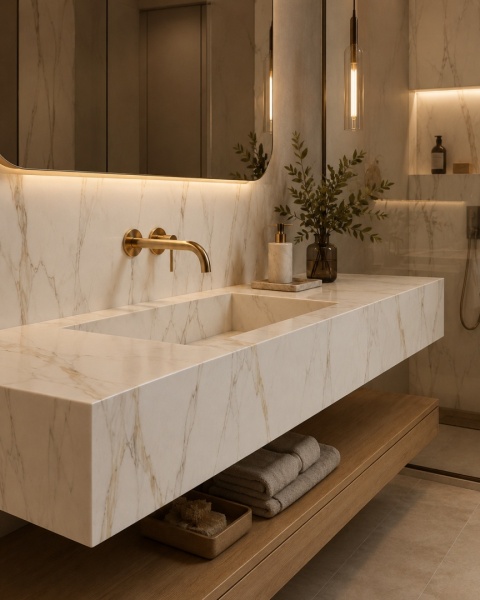 Blat łazienkowy z FLORIM Stone Marble Calacatta Gold 20 mm, jasny spiek z delikatnym złotym użyleniem.