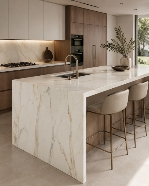 Kuchnia z wyspą i blatem z FLORIM Stone Marble Calacatta Gold 20 mm, jasny spiek ze złoto-szarym użyleniem.
