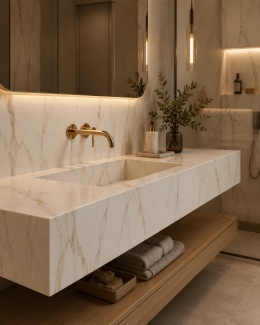 Blat łazienkowy z FLORIM Stone Marble Calacatta Gold 20 mm, jasny spiek z delikatnym złotym użyleniem