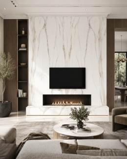 Salon z kominkiem i FLORIM Stone Marble Calacatta Gold 6 mm w symetrycznym układzie bookmatch