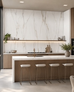 Kuchnia z FLORIM Stone Marble Calacatta Gold 6 mm na ścianie, jasny spiek z szaro-złotym użyleniem.