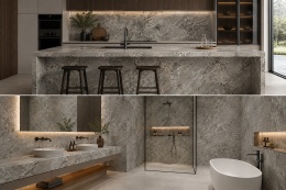 Kolaż kuchni i łazienki z FLORIM Stone Marble Aubisque Matte Silk, szaro-beżowym spiekiem z jasnym użyleniem.
