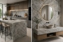 Kolaż kuchni i łazienki z FLORIM Stone Marble Aubisque Matte Silk, szaro-beżowym spiekiem z jasnym użyleniem.