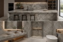 Kolaż kuchni i łazienki z FLORIM Stone Marble Aubisque Matte Silk, szaro-beżowym spiekiem z jasnym użyleniem.