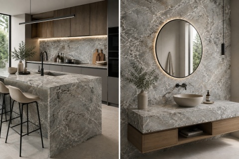 Kolaż kuchni i łazienki z FLORIM Stone Marble Aubisque Matte Silk, szaro-beżowym spiekiem z jasnym użyleniem.
