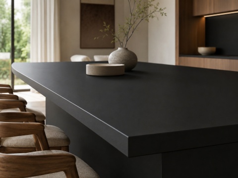 Wyspa kuchenna z FLORIM Stone Color Black Matte, jednolitym czarnym spiekiem o matowym wykończeniu.