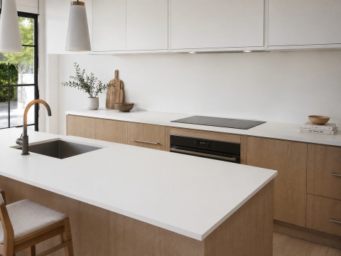 Kuchnia z FLORIM Stone Color White Matte, białym spiekiem na blacie i wyspie kuchennej.