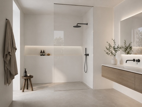 Łazienka z FLORIM Stone Color White Matte, białym spiekiem zastosowanym jako okładzina ścienna.