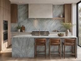 Kuchnia z FLORIM Stone Marble Beryl Matte Silk, jasny spiek na wyspie, blacie i ścianie.