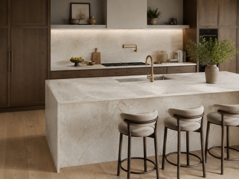 Kuchnia z FLORIM Stone Marble Mahal Matte Silk 12 mm STU, jasny spiek na wyspie i blacie.