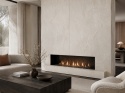Salon z FLORIM Stone Marble Mahal Matte Silk 6 mm, jasny kremowy spiek na ścianie kominkowej.