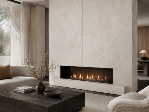 Salon z FLORIM Stone Marble Mahal Matte Silk 6 mm, jasny kremowy spiek na ścianie kominkowej.