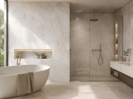 Łazienka z FLORIM Stone Marble Mahal Matte Silk 6 mm, jasny spiek na ścianach i w strefie prysznica.