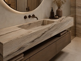 Blat łazienkowy z FLORIM Stone Marble Sequoia Matte Silk 12 mm, beżowo-brązowy spiek z ciemnymi żyłami.
